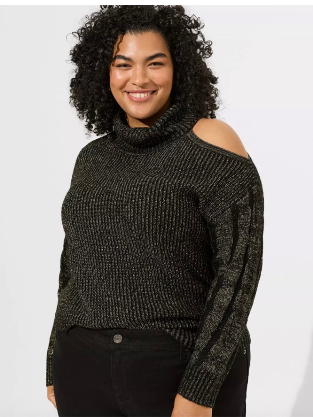 Cable Pullover Cold Shoulder Turtle Neck Sweater - Black w/ Lurex Gold Metallic
